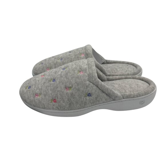 Isotoner Womens Memory Foam Slippers Size LG 8.5-9 Gray With Floral Details - Picture 3 of 5